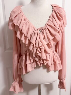 Torn by Ronny Kobo Rhea Blouse Blush Pink Ruffle Tie Front Top NWT Medium